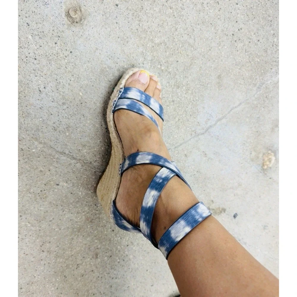 Vince Camuto Sandal Womens 7.5 Leddy Navy Espadrille Wedge Heel Ankle Wrap Suede
